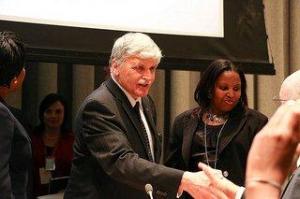 Lieutenant General Romeo Dallaire led UN peacekeeping in Rwanda during the genocide. Eugenie Mukeshimana, head of Genocide Survivors Support Network, stands next to him. Photo courtesy of Africa Renewal/Bo Li