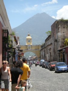 Antigua, Guatemala, once a Spanish capital of Central America, sits below Agua volcano. Photo by Barbara Borst